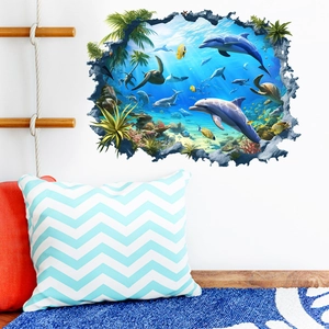 3D ocean world wall sticker with dolphins and sea turtles breaking through a white wall