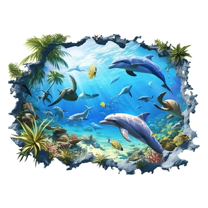 3D ocean world wall decals with luminous dolphins and sea turtles for kids room decor
