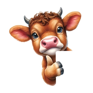 Luminous highland cow wall sticker with cute cartoon calf holding a blank sign