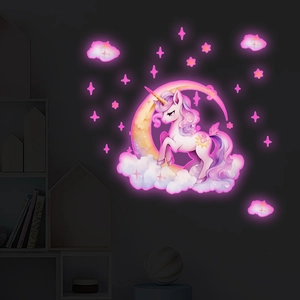 Luminous Pink Unicorn Moon Star Wall Stickers For Kids Room Decor Glow In The Dark PVC Cartoon Fairy Tale Home Decoration