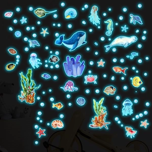 Luminous Blue Ocean Animals Wall Stickers Watercolor Whale Turtle Glow In The Dark Wall Decals For Children Room Home Decoration