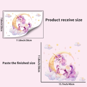 Luminous unicorn wall stickers showing product receive size and finished dimensions