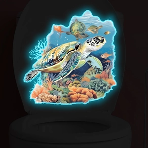 Luminous ocean sea turtle toilet lid decal with glowing fish and coral reef decoration