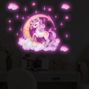 Glow in the dark pink unicorn and stars wall stickers for kids room decoration