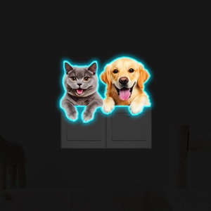 Sticker interrupteur lumineux avec chiot et chaton mignons brillant dans le noir