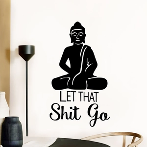Modern black Buddha wall sticker with Let That Shit Go quote for living room decor