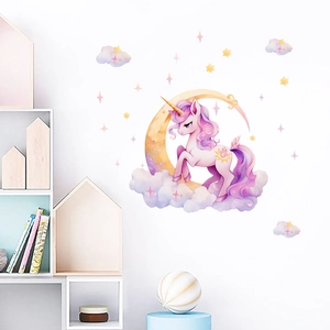Luminous unicorn wall stickers with pink clouds and stars for kids bedroom decor