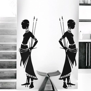 African woman warrior silhouette wall decals in black PVC for home living room decor