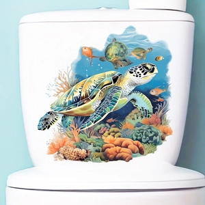 Luminous sea turtle bathroom wall decal with colorful 3D coral reef for toilet decoration