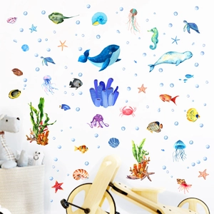 Luminous ocean animal wall stickers with blue whales and sea turtles for kids room decor