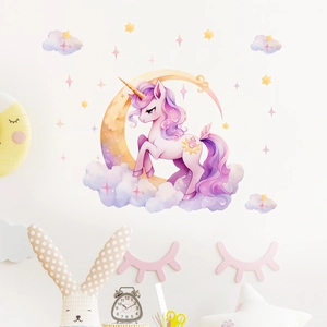 Glow-in-the-dark unicorn wall stickers with pink clouds and golden moon for kids' rooms