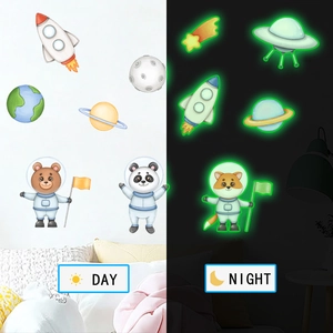 Luminous space wall stickers showing day and night glowing effect of rockets and planets