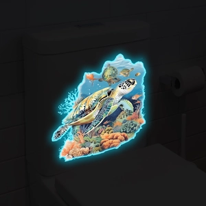 Glow-in-the-dark turtle and coral reef wall stickers showing luminous effect in darkness