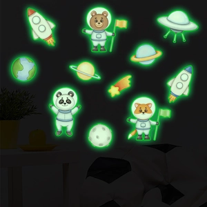 Luminous space wall stickers showing glowing astronauts and planets in a dark room