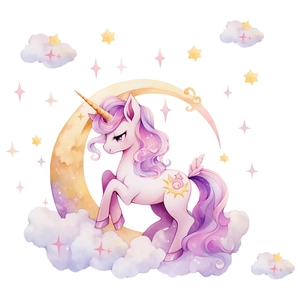 Detail of unicorn wall sticker with watercolor moon, clouds and glowing stars decals