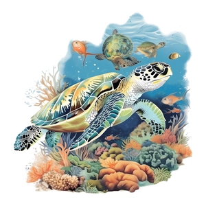 Glow-in-the-dark sea turtle wall sticker with coral reef and ocean life illustrations