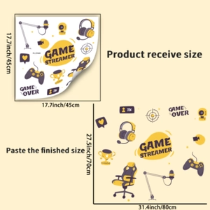Autocollants muraux gamer avec micro et casque, dimensions de 45x45cm à 80x70cm