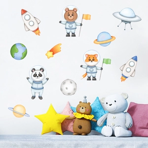 Glow in the dark animal astronaut space wall decals with rockets and planets for kids room