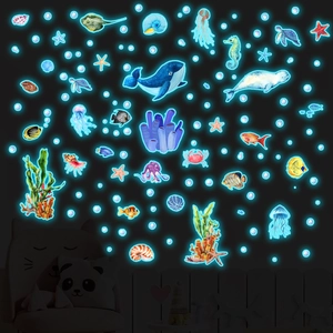 Luminous blue ocean creatures and bubbles glow stickers for kids room wall decor