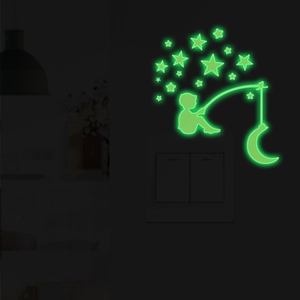 Luminous Glow In The Dark PVC Wall Stickers Boy Fishing On Moon Stars Switch Socket Decals For Kids Room Home Decoration