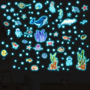 Glow in the dark blue sea creature wall decals showing whales and turtles in night light