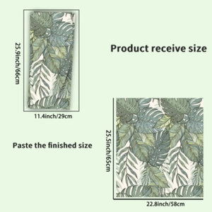Detail showing tropical monstera leaf wall decal layout dimensions in cm and inches