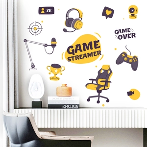 Stickers muraux gamer avec manette et casque pour déco de salle de jeux en violet et jaune