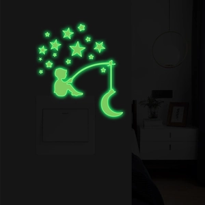 Glow in the dark boy fishing on moon wall sticker for light switch decor