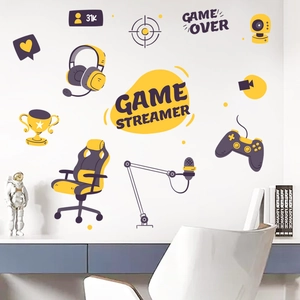 Détail des stickers muraux gamer avec casque, trophées et manette de jeu vidéo