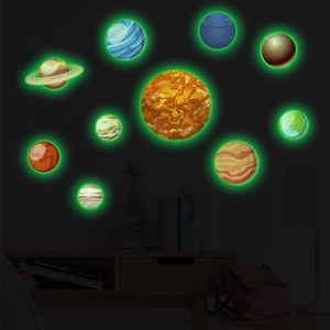 Luminous solar system planet wall stickers glowing in a dark bedroom setting