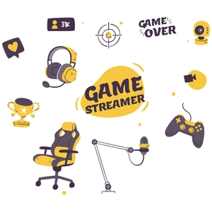 Stickers muraux vectoriels de salle de jeux avec icônes de casque, manette et chaise de jeu