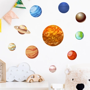 Detailed solar system wall stickers showing Earth and Saturn in a kids' bedroom