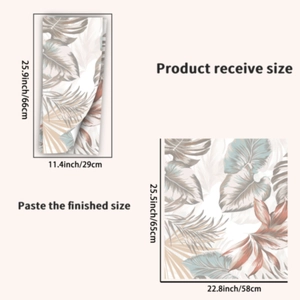 Detail showing tropical monstera leaf wall sticker size 66x29cm and finished layout 65x58cm
