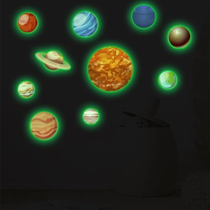 Luminous solar system wall stickers glowing in the dark with planets and rocket designs