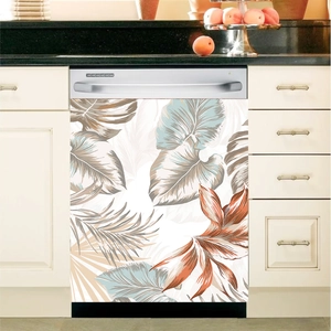 Detail of tropical monstera leaves magnetic sticker on a white modern dishwasher