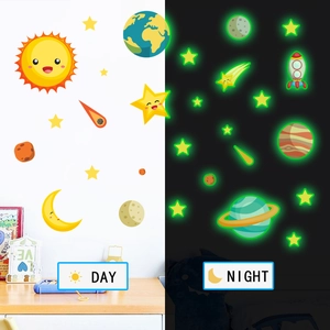Luminous solar system wall stickers showing day and night glowing effect in kid's room