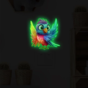 Luminous parrot wall sticker with colorful feathers and green neon glow for home decor