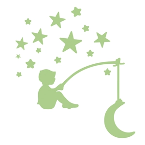 Glow-in-the-dark wall sticker featuring a boy sitting on a moon with stars decoration