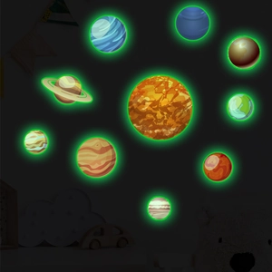 Luminous solar system wall stickers showing sun and nine planets in dark bedroom