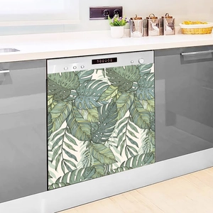 Macro detail of tropical monstera leaf decorative decal for kitchen appliance door