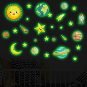 Luminous solar system wall stickers with glowing planets and stars for kids room decor