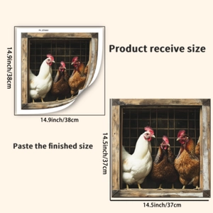 Size guide for 3D farm rooster wall stickers showing received and finished dimensions