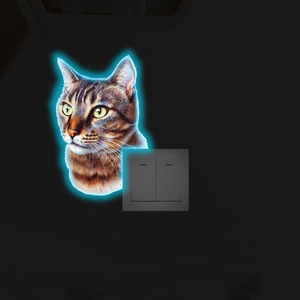 Luminous tabby cat wall sticker with glowing blue neon halo for light switch decor