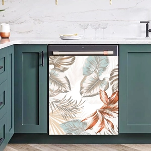 Artistic tropical leaves decal on dark green dishwasher in modern kitchen interior