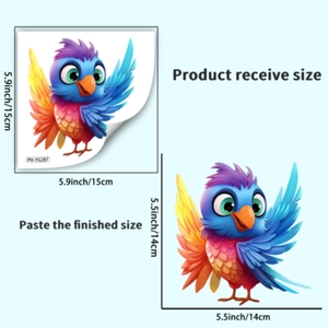 Detailed size chart showing received and finished dimensions of a colorful parrot wall decal
