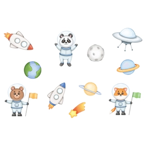 Detailed watercolor set of cute animal astronauts, rockets, and planets wall stickers
