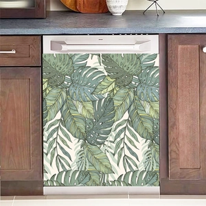 Detail of tropical monstera leaf art sticker applied on a modern dishwasher front door