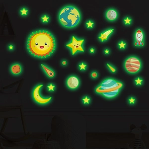 Detailed view of luminous solar system wall stickers with glow in the dark stars for kids