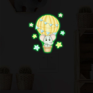 Sticker mural phosphorescent avec éléphant mignon en montgolfière jaune et étoiles décoratives