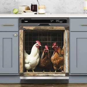 3D farm animal dishwasher magnet cover with chickens and vintage wood texture
